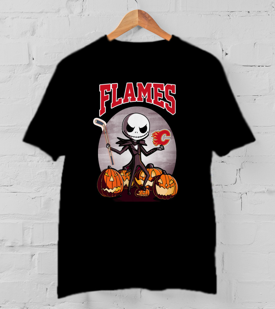 Calgary Flames Jack Skellington Halloween Hockey Pumpkins T-Shirt