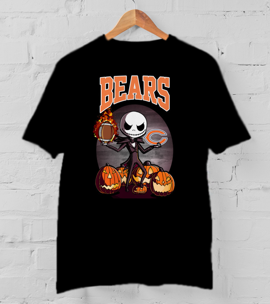 Bears Jack Skellington Halloween Chicago Football Theme With Pumpkins T-Shirt