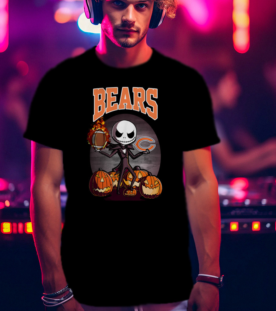Bears Jack Skellington Halloween Chicago Football Theme With Pumpkins T-Shirt