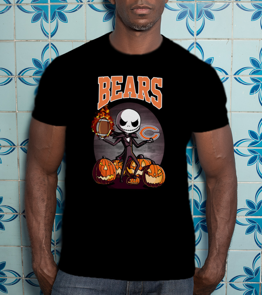 Bears Jack Skellington Halloween Chicago Football Theme With Pumpkins T-Shirt