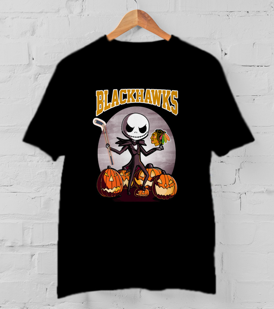 Jack Skellington Holding Chicago Blackhawks Logo Surrounded By Halloween Pumpkins T-Shirt