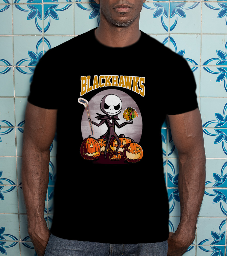 Jack Skellington Holding Chicago Blackhawks Logo Surrounded By Halloween Pumpkins T-Shirt