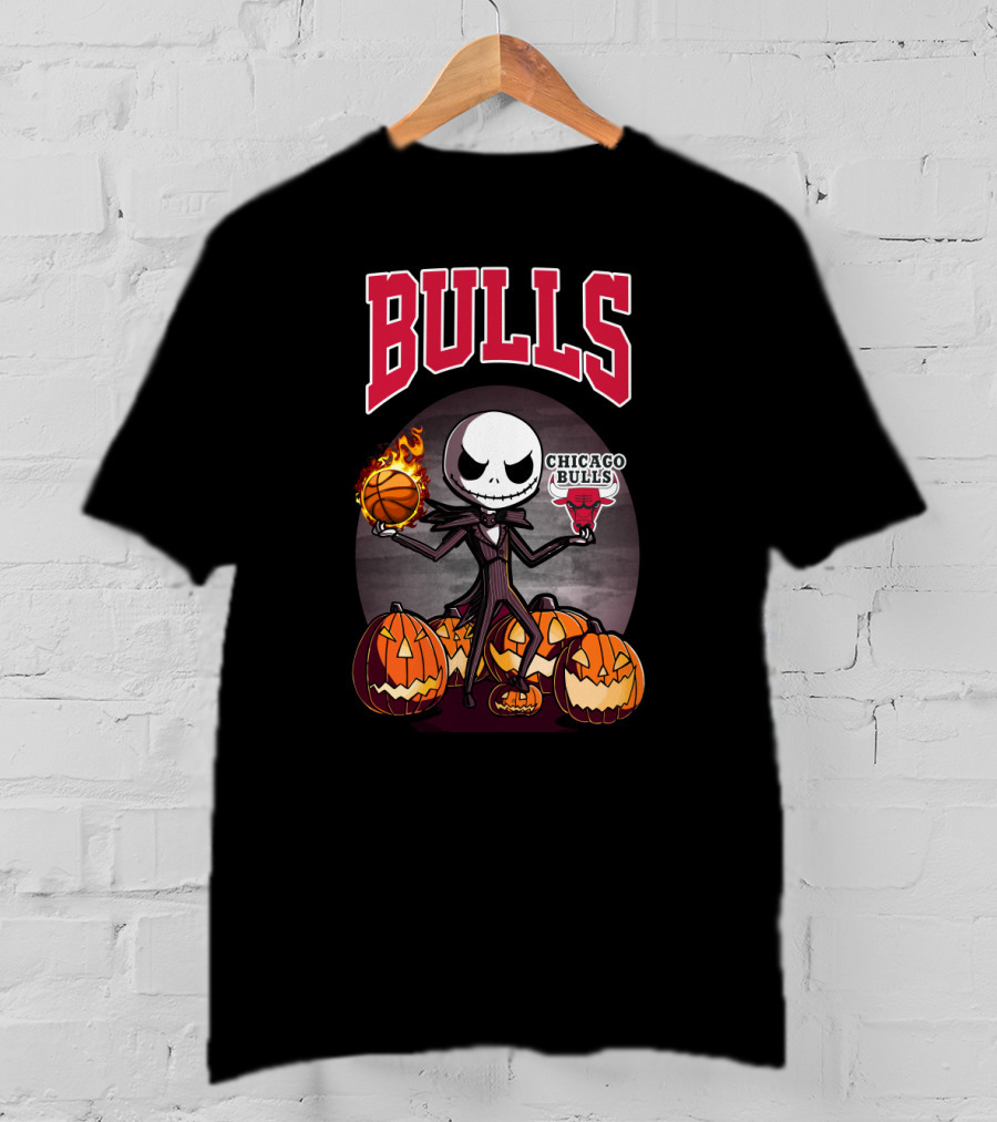 Bulls Halloween Jack Skellington Chicago Bulls Basketball Pumpkins T-Shirt