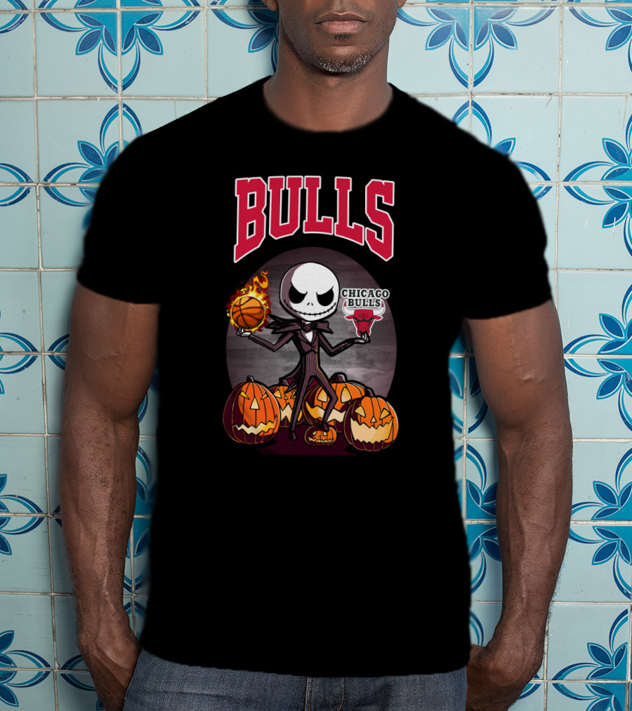 Bulls Halloween Jack Skellington Chicago Bulls Basketball Pumpkins T-Shirt