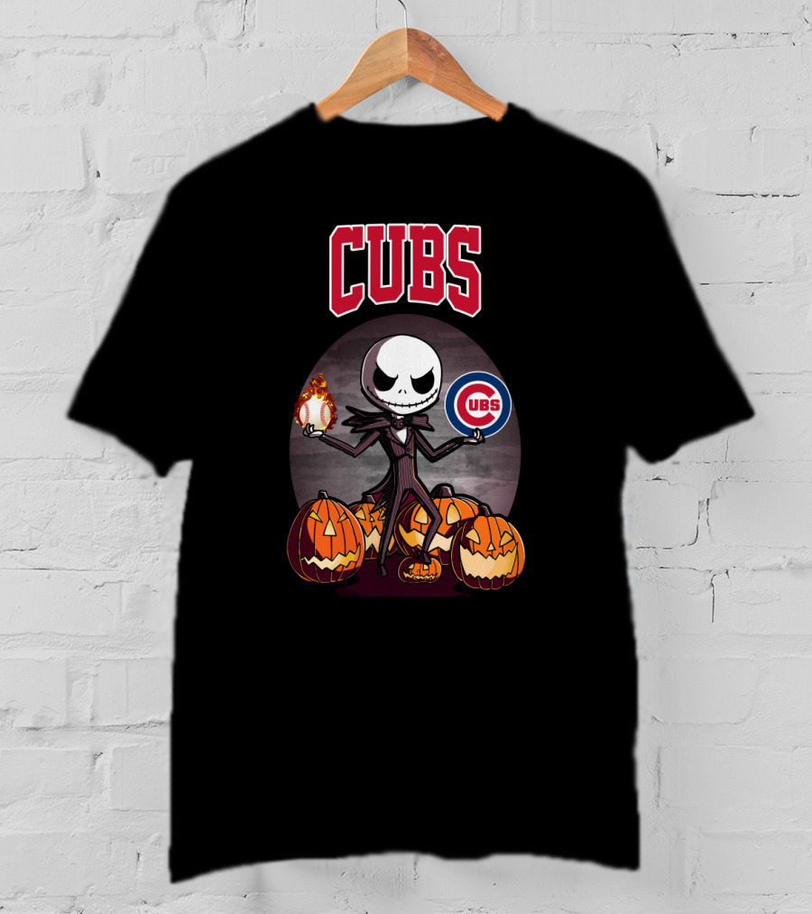 Cubs Jack Skellington Halloween Pumpkin Flame Baseball T-Shirt