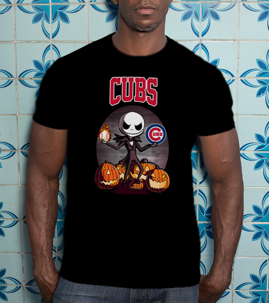 Cubs Jack Skellington Halloween Pumpkin Flame Baseball T-Shirt