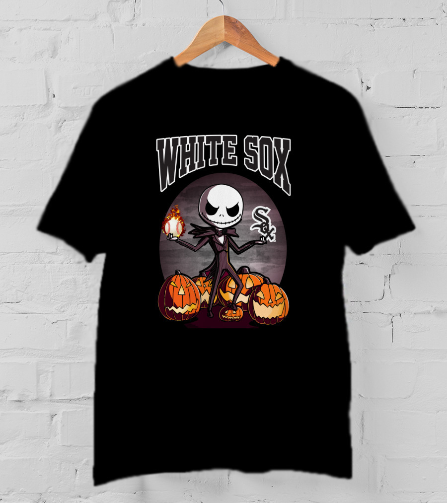 White Sox Halloween Jack Skellington Holding Baseball Surrounded By Pumpkins T-Shirt