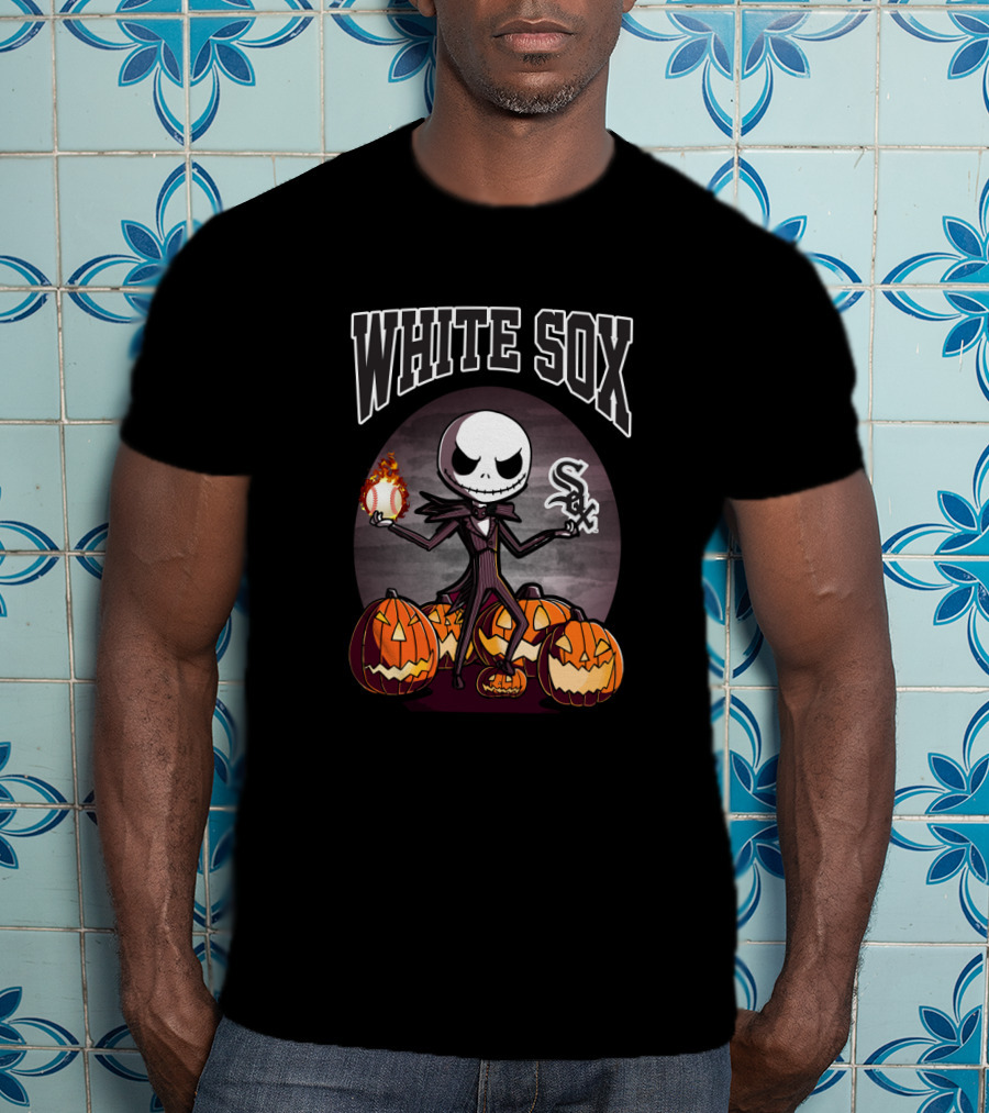 White Sox Halloween Jack Skellington Holding Baseball Surrounded By Pumpkins T-Shirt