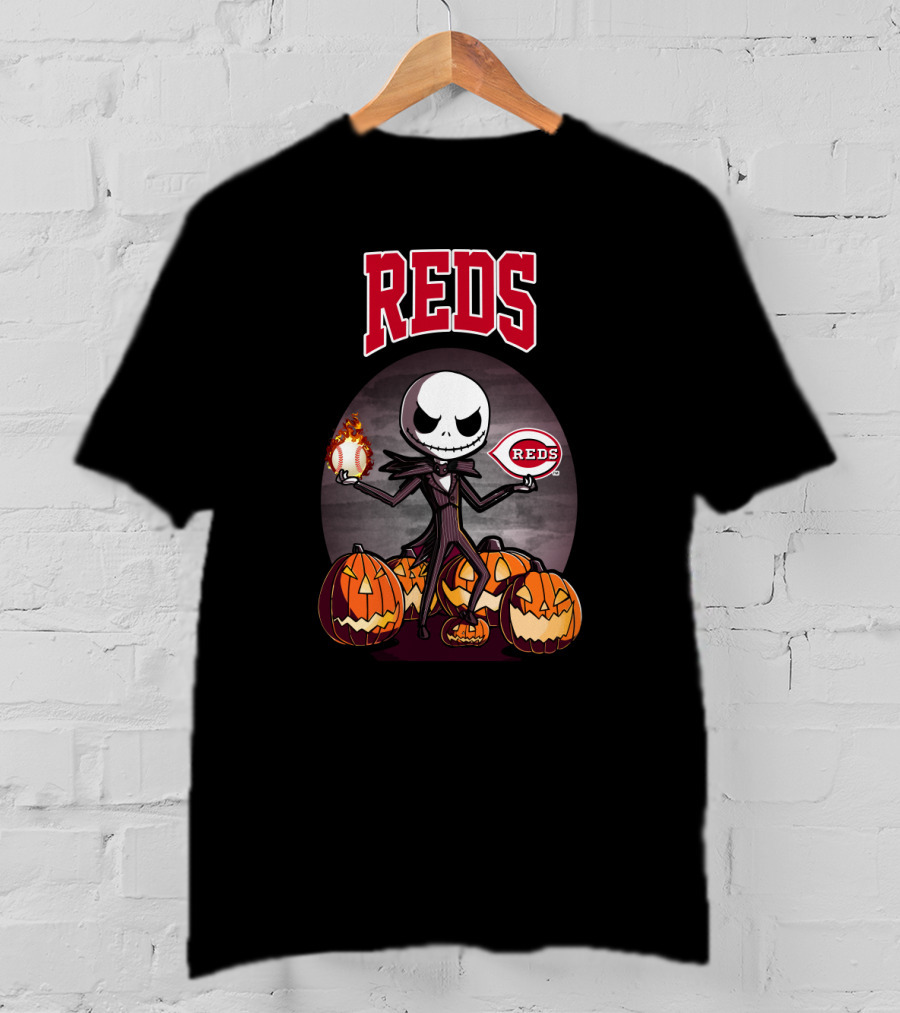 Reds Jack Skellington With Pumpkins And Baseball Cincinnati Halloween T-Shirt