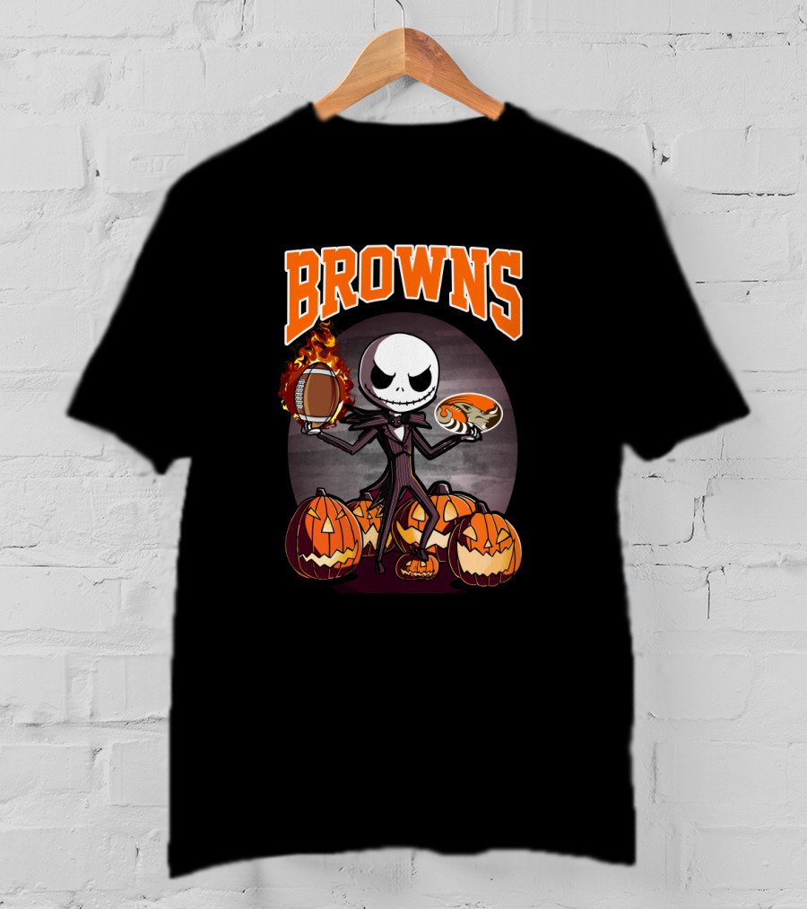 Jack Skellington Halloween Cleveland Browns Pumpkin Fire Football T-Shirt