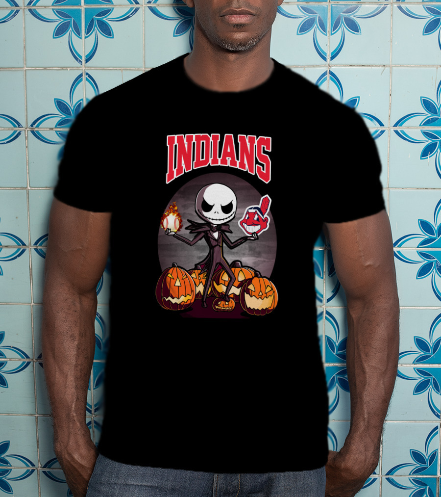 Indians Jack Skellington Halloween Baseball Mashup Pumpkins T-Shirt