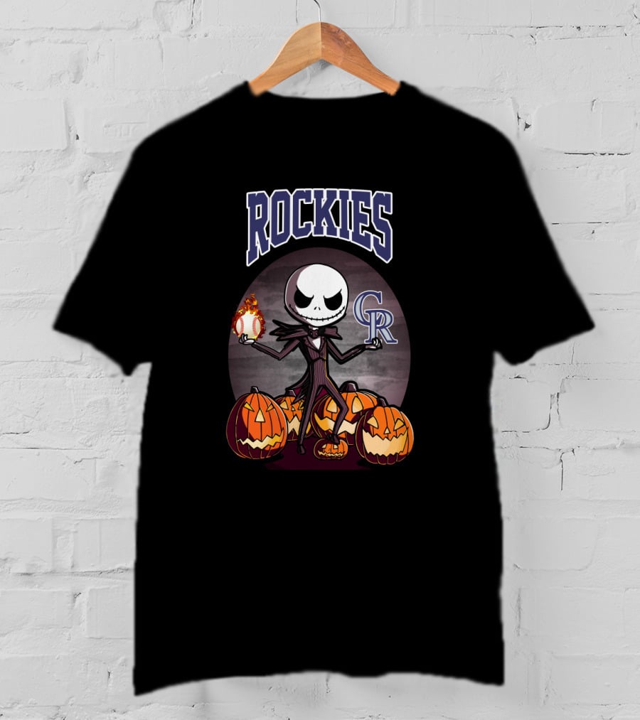 Rockies Halloween Jack Skellington With Colorado Baseball Pumpkins T-Shirt