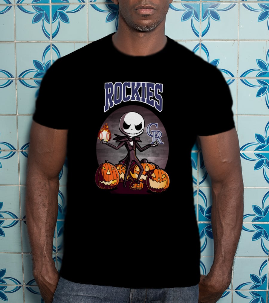 Rockies Halloween Jack Skellington With Colorado Baseball Pumpkins T-Shirt