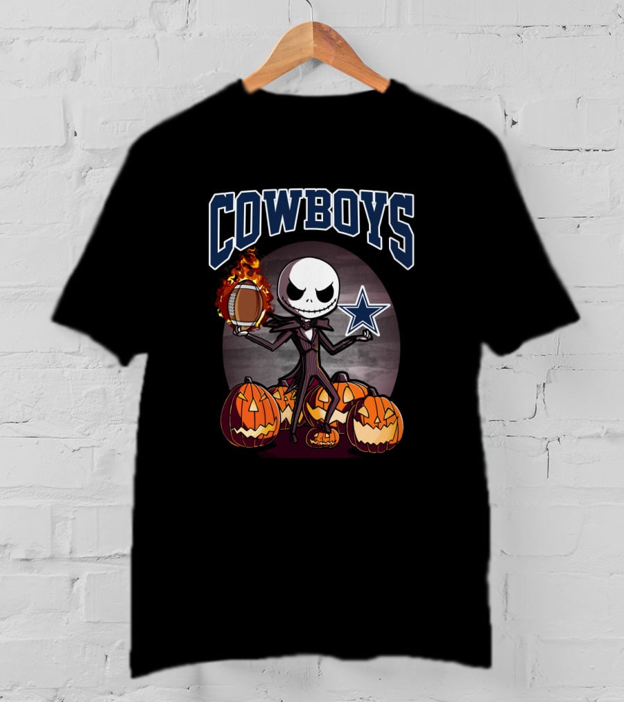 Jack Skellington Holding Flaming Football Surrounded By Pumpkins Dallas Cowboys T-Shirt