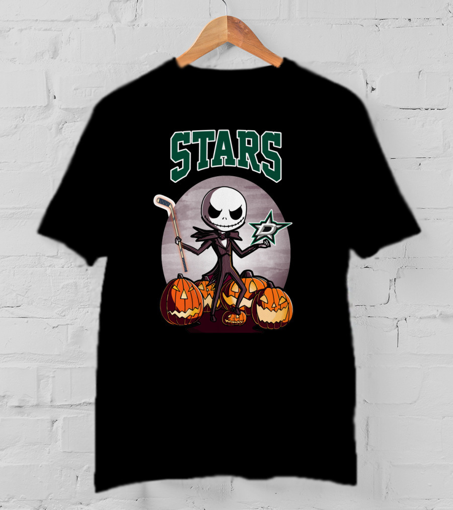 Dallas Stars Halloween Jack Skellington With Hockey Stick And Pumpkins T-Shirt