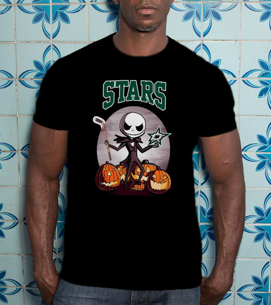 Dallas Stars Halloween Jack Skellington With Hockey Stick And Pumpkins T-Shirt