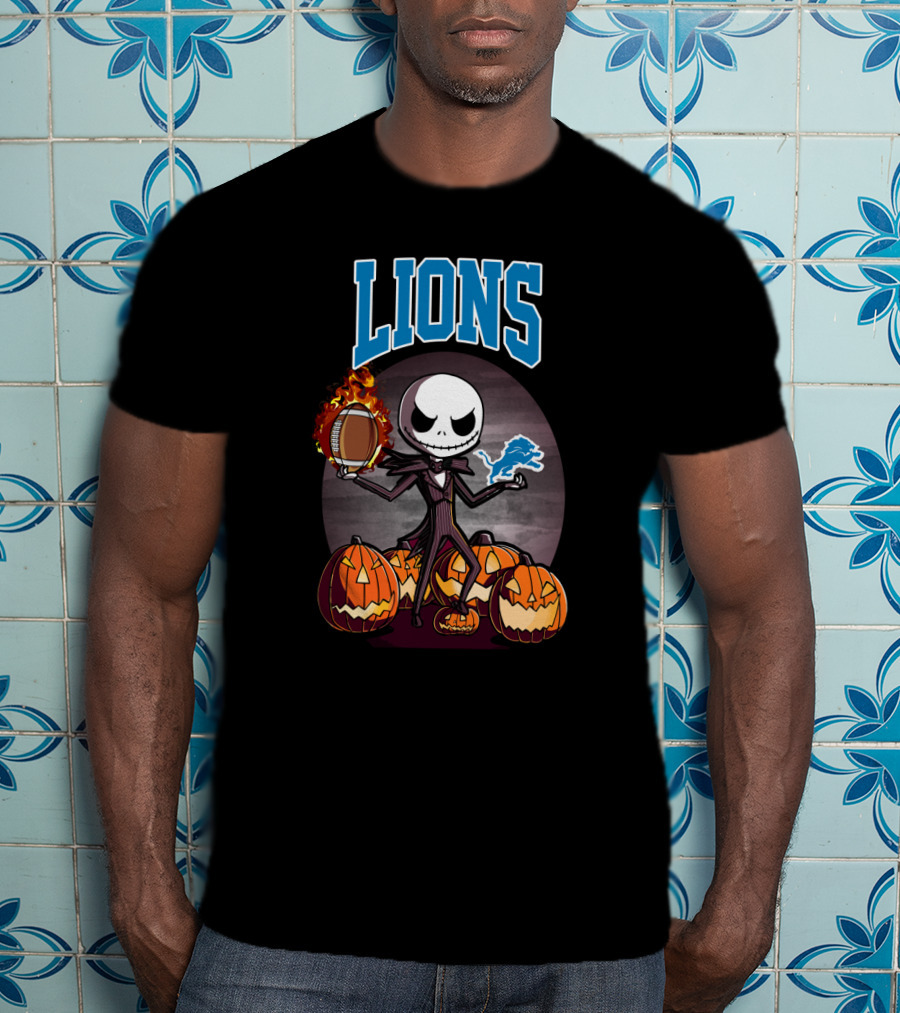 Jack Skellington Detroit Lions Halloween Football With Pumpkins T-Shirt