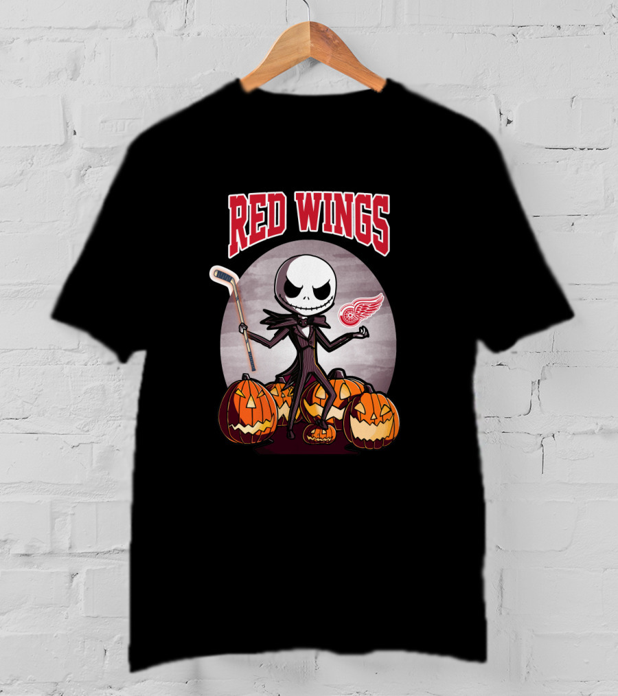 Jack Skellington Halloween Detroit Red Wings Hockey Pumpkins T-Shirt