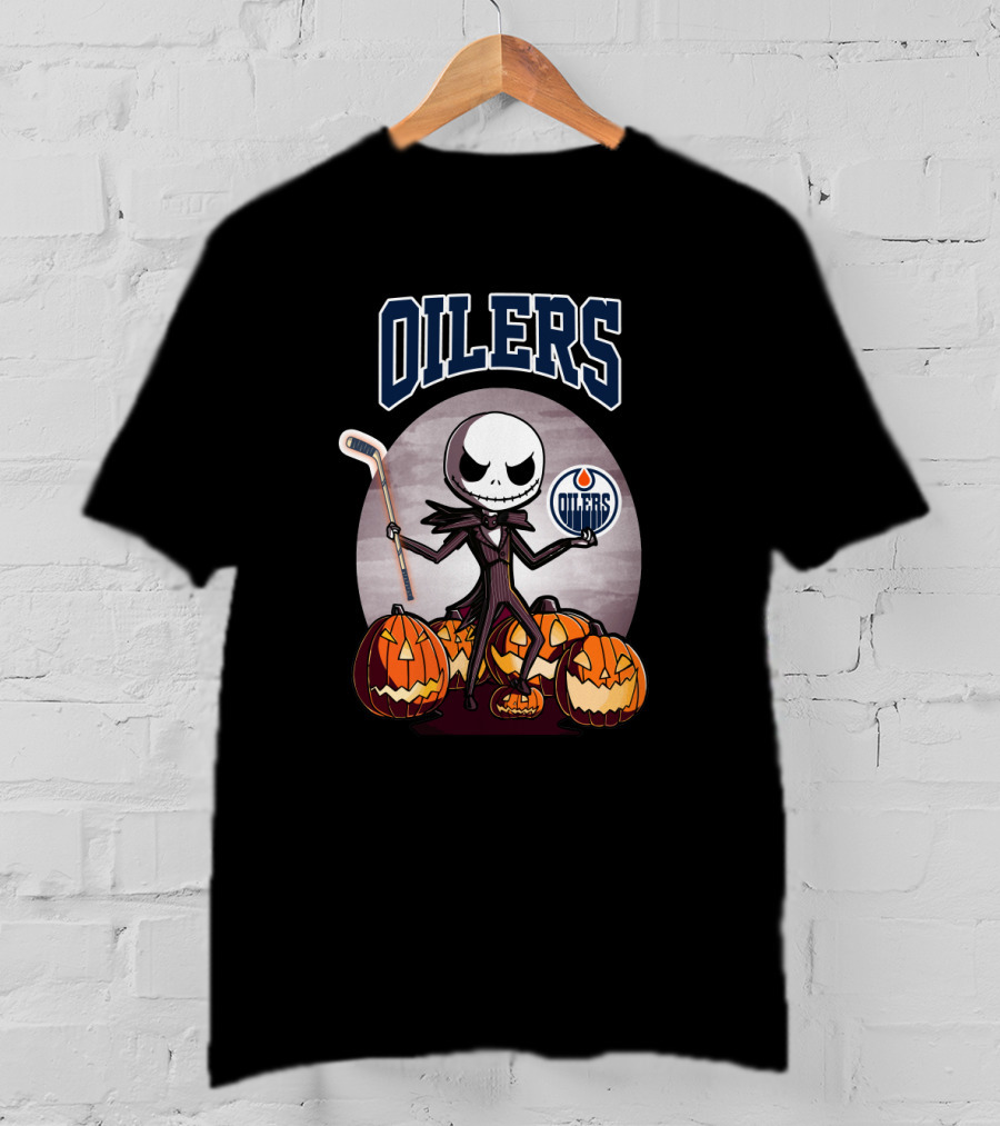 Oilers Jack Skellington Halloween Edmonton Oilers Hockey Pumpkin T-Shirt