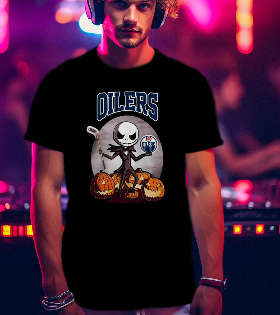 Oilers Jack Skellington Halloween Edmonton Oilers Hockey Pumpkin T-Shirt