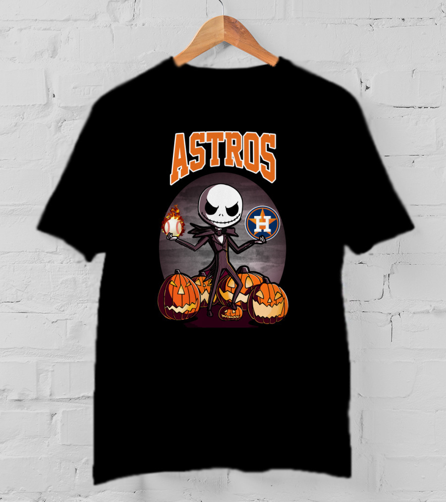 Jack Skellington Holding Houston Astros Baseball Surrounded By Pumpkins T-Shirt
