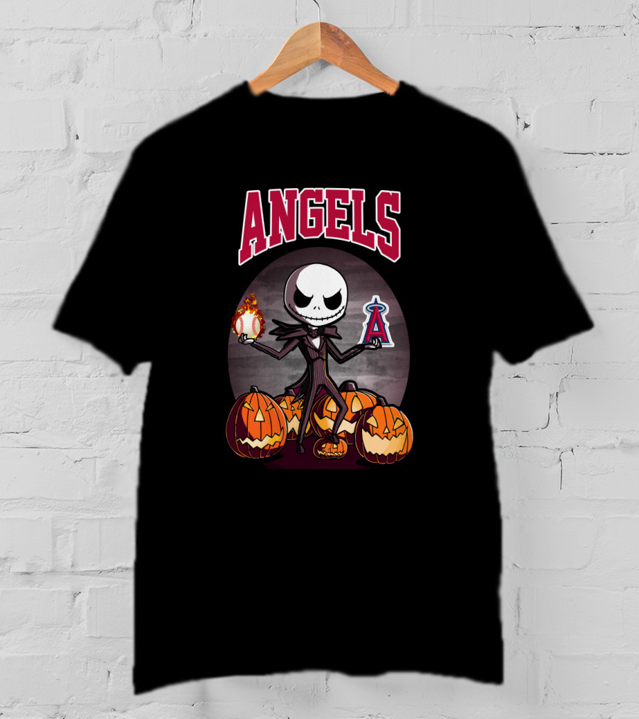 Jack Skellington Halloween Los Angeles Angels Pumpkins With Baseball And Halo T-Shirt