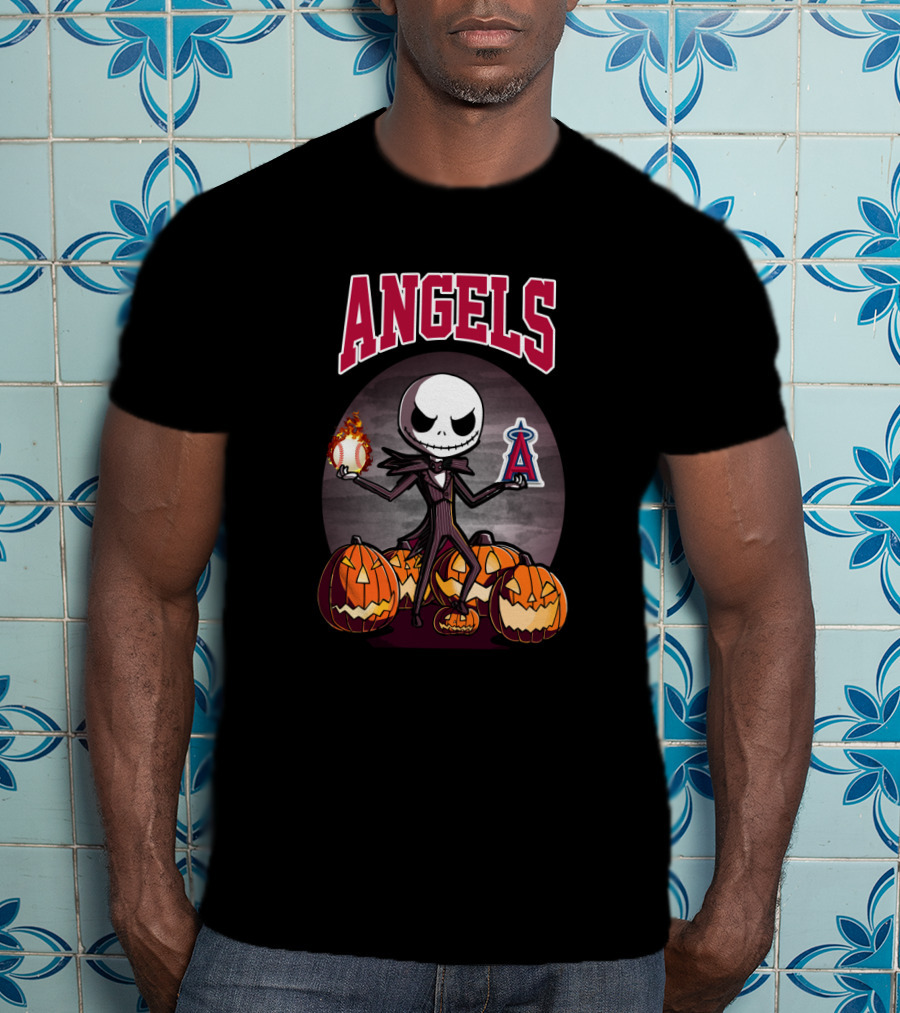 Jack Skellington Halloween Los Angeles Angels Pumpkins With Baseball And Halo T-Shirt