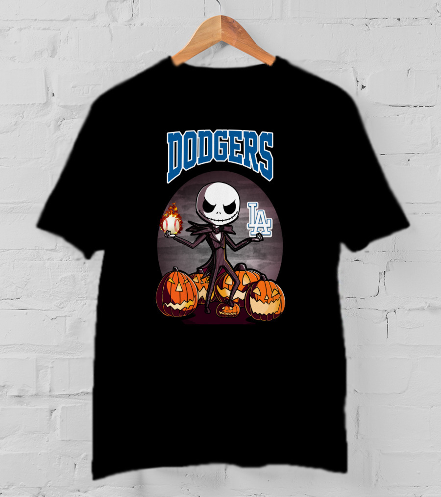 Dodgers Jack Skellington Halloween With LA Logo And Pumpkins T-Shirt