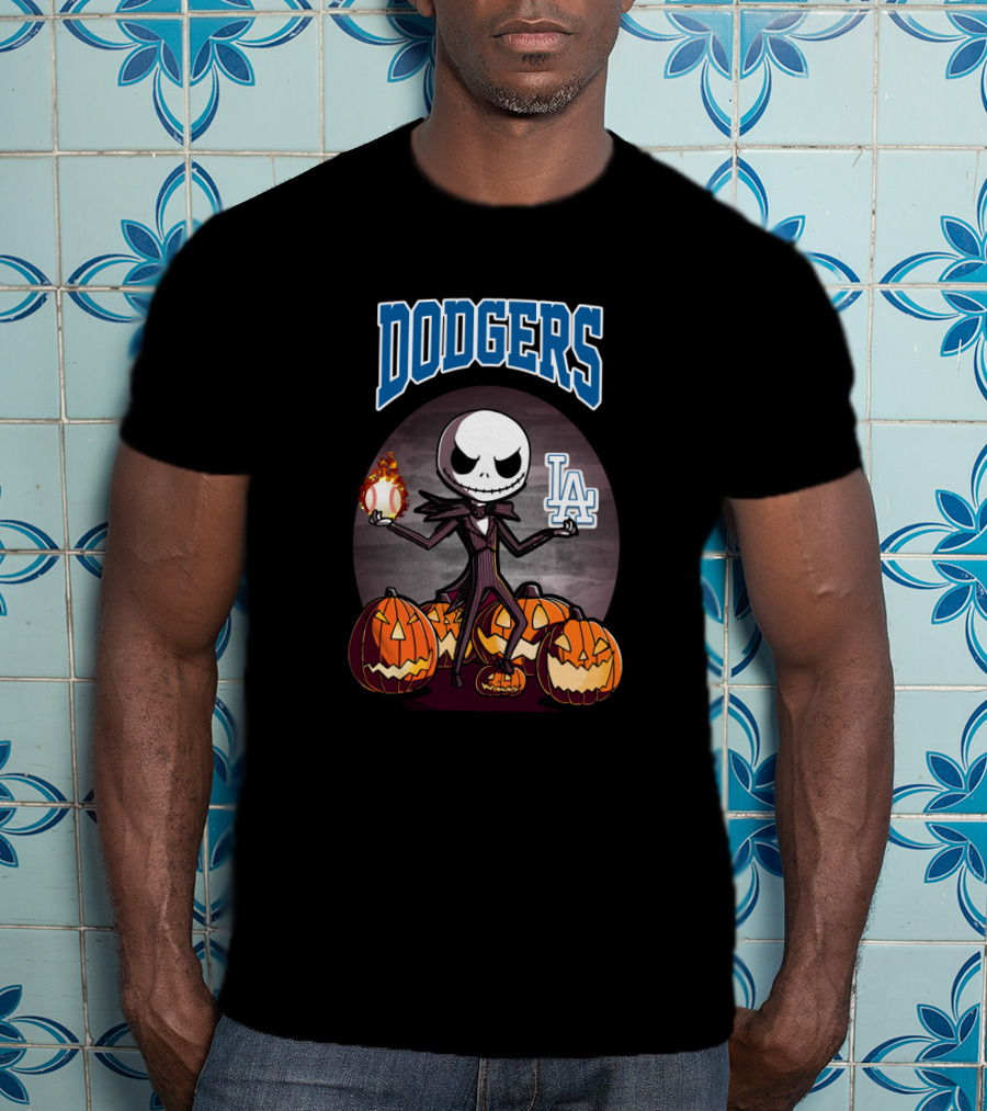 Dodgers Jack Skellington Halloween With LA Logo And Pumpkins T-Shirt