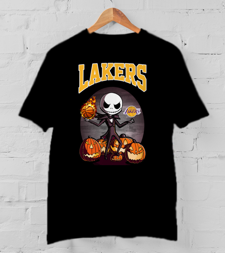 Lakers Jack Skellington Halloween Basketball With Pumpkins And Los Angeles Lakers T-Shirt