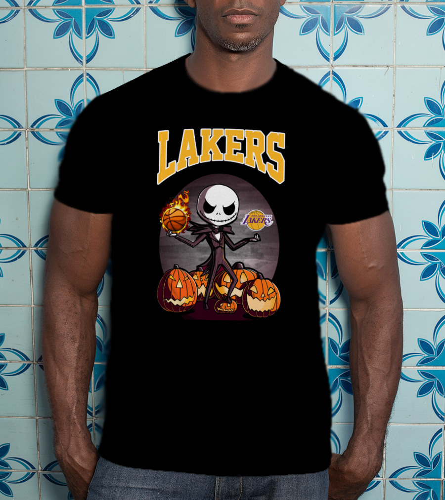 Lakers Jack Skellington Halloween Basketball With Pumpkins And Los Angeles Lakers T-Shirt