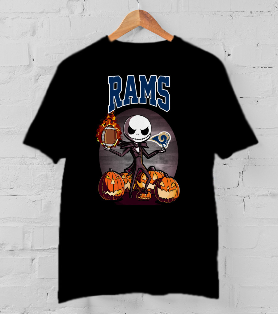 Jack Skellington Los Angeles Rams Halloween Football Pumpkins T-Shirt
