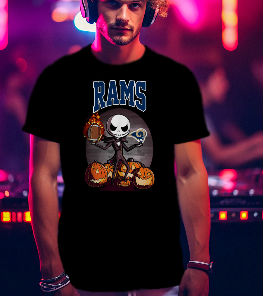 Jack Skellington Los Angeles Rams Halloween Football Pumpkins T-Shirt