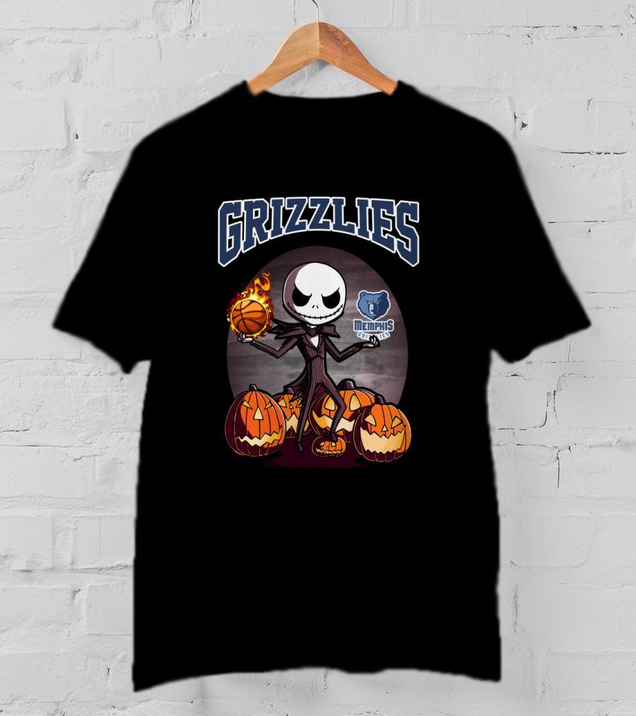 Grizzlies Halloween Jack Skellington With Memphis Basketball And Pumpkins T-Shirt