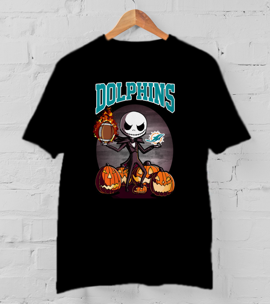 Miami Dolphins Jack Skellington Halloween Pumpkin Football Scene T-Shirt