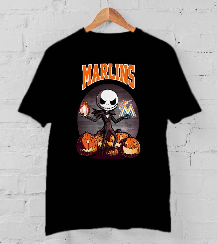 Marlins Jack Skellington With Pumpkins And Miami Baseball T-Shirt