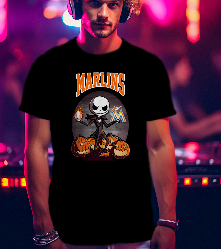 Marlins Jack Skellington With Pumpkins And Miami Baseball T-Shirt
