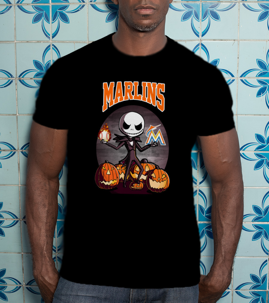 Marlins Jack Skellington With Pumpkins And Miami Baseball T-Shirt