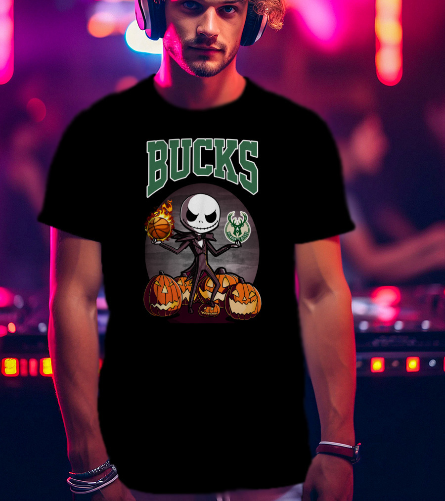 Bucks Jack Skellington Holding Flaming Basketball And Milwaukee Bucks Logo With Halloween Pumpkins T-Shirt