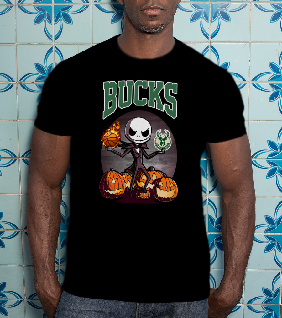 Bucks Jack Skellington Holding Flaming Basketball And Milwaukee Bucks Logo With Halloween Pumpkins T-Shirt