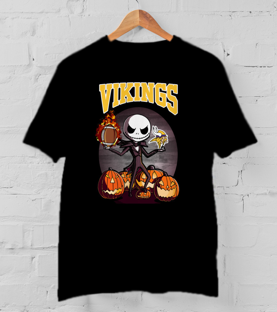 Jack Skellington Halloween Minnesota Vikings Football And Pumpkins T-Shirt