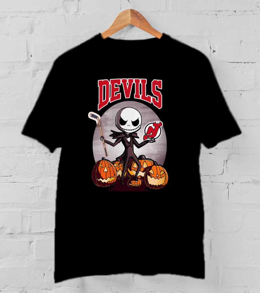Jack Skellington New Jersey Devils Halloween Hockey Icon With Pumpkins T-Shirt