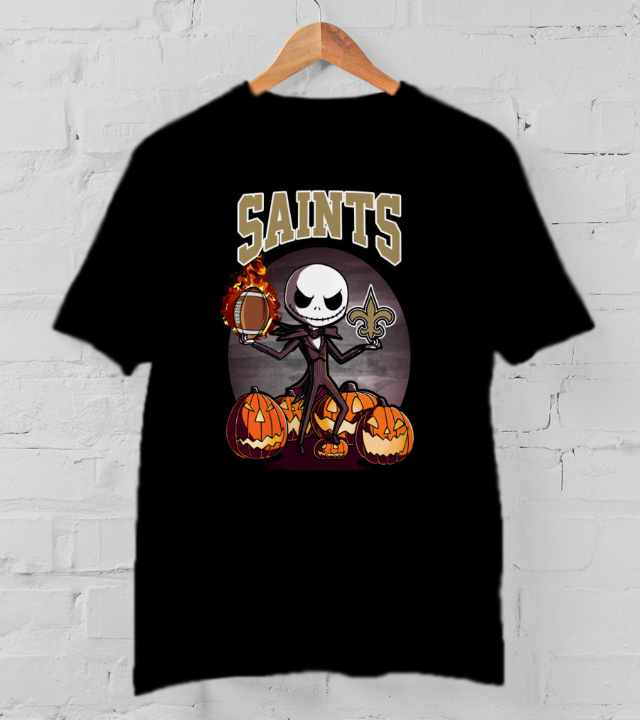 Saints Jack Skellington Halloween Football Pumpkins Fleur-De-Lis T-Shirt