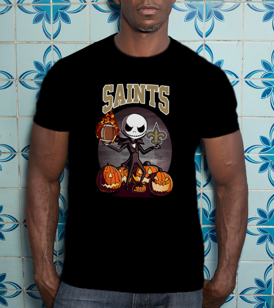 Saints Jack Skellington Halloween Football Pumpkins Fleur-De-Lis T-Shirt