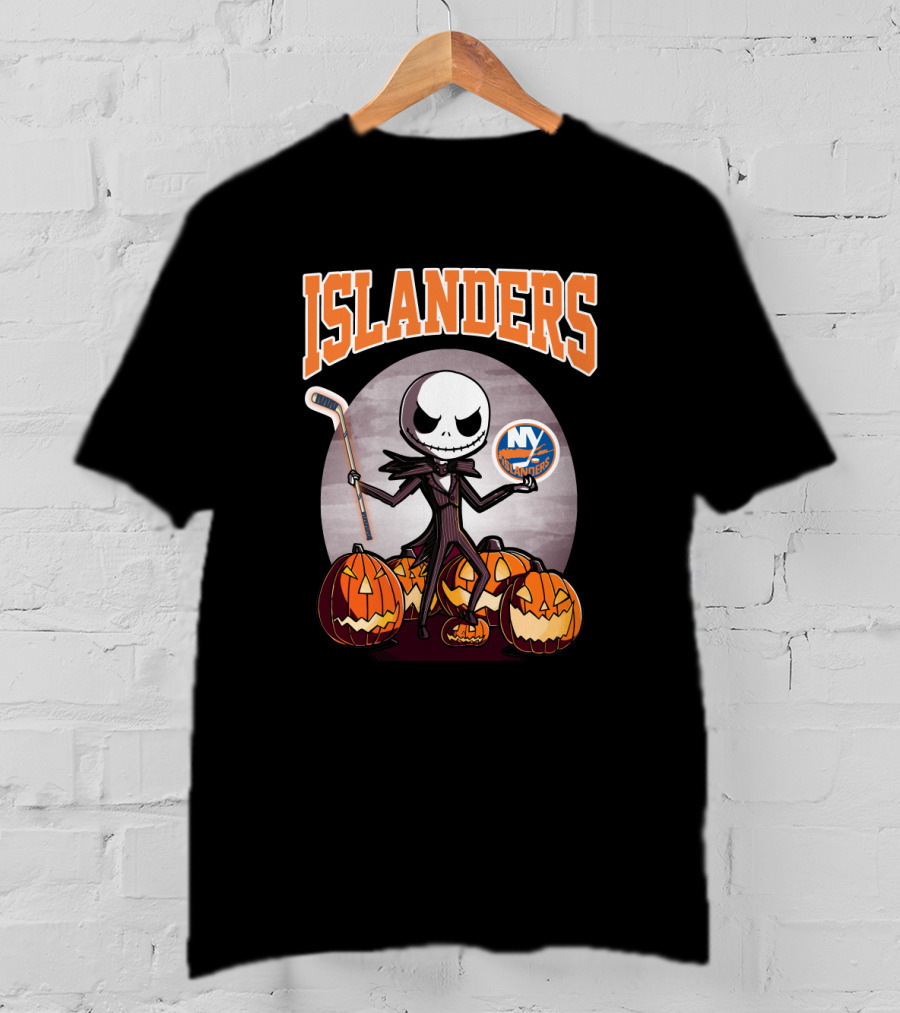 Jack Skellington Halloween New York Islanders Hockey Pumpkins T-Shirt