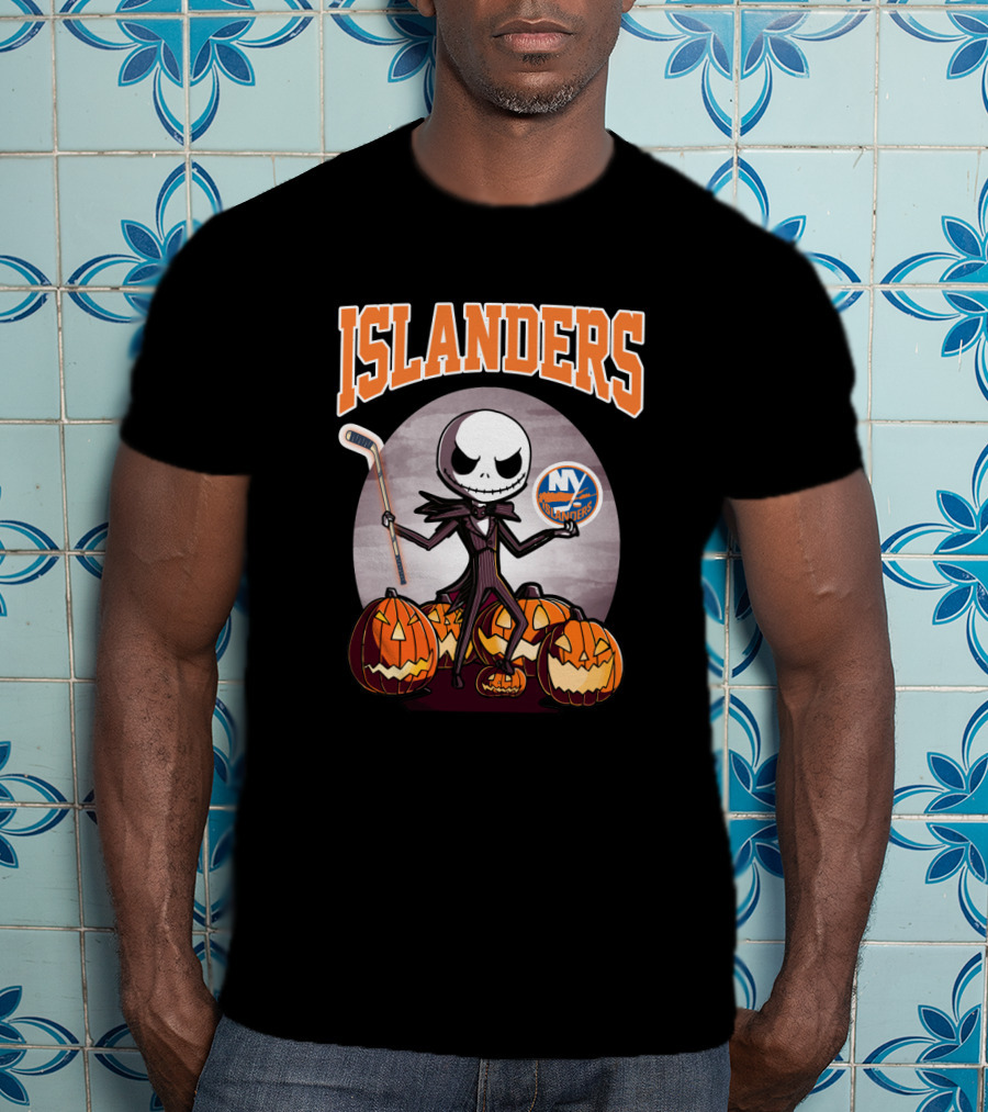 Jack Skellington Halloween New York Islanders Hockey Pumpkins T-Shirt
