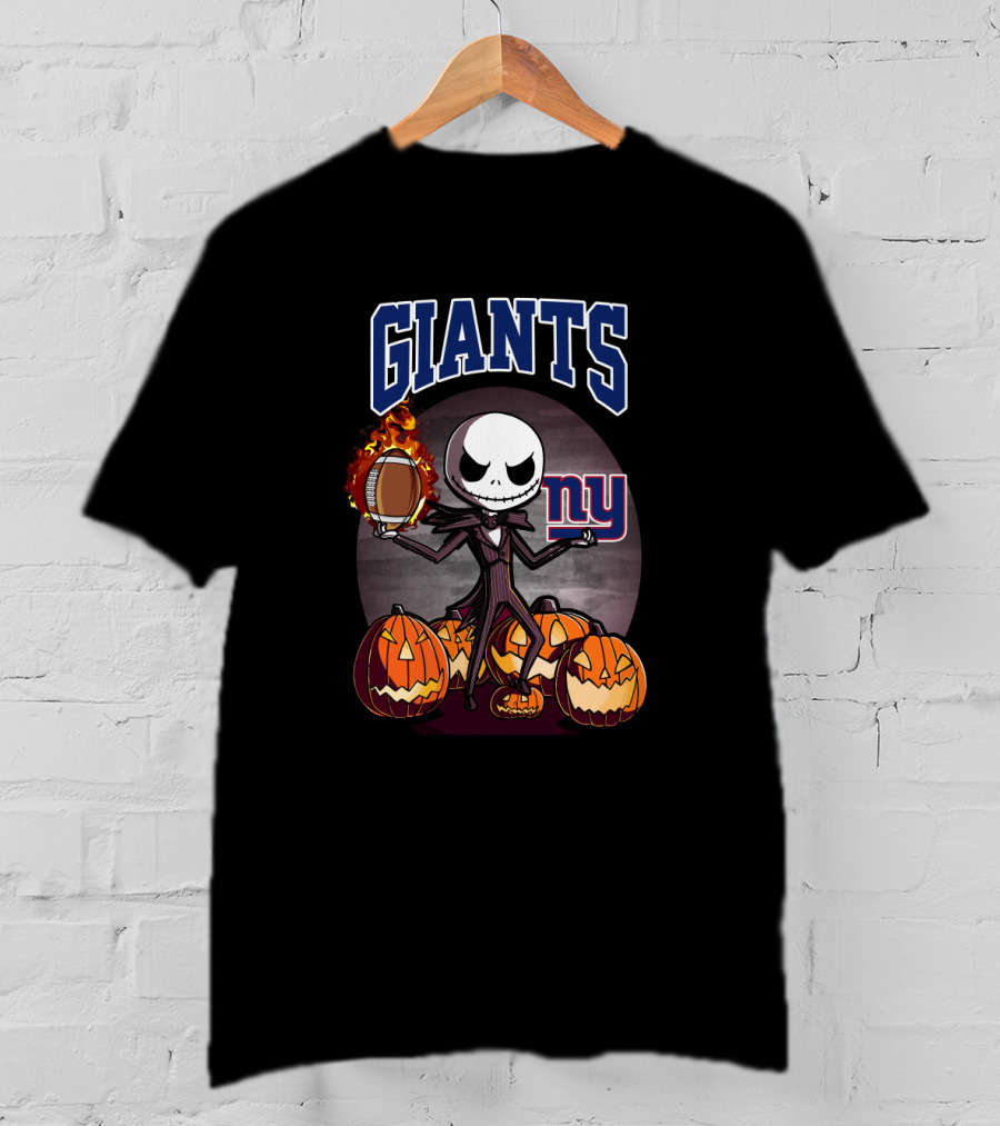 New York Giants Halloween Jack Skellington With Pumpkins And Flaming Football T-Shirt