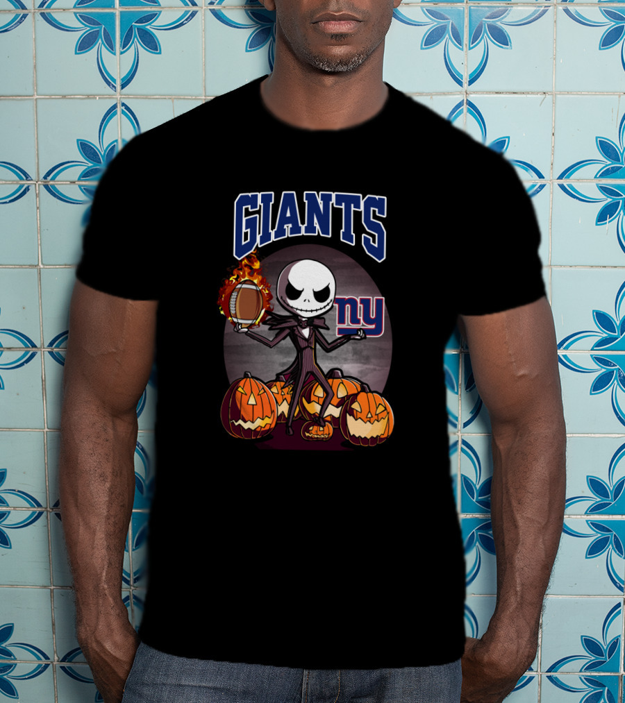 New York Giants Halloween Jack Skellington With Pumpkins And Flaming Football T-Shirt