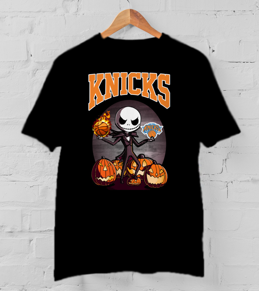 Knicks Jack Skellington Halloween Basketball With Pumpkins T-Shirt