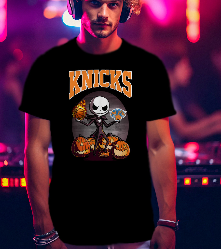 Knicks Jack Skellington Halloween Basketball With Pumpkins T-Shirt
